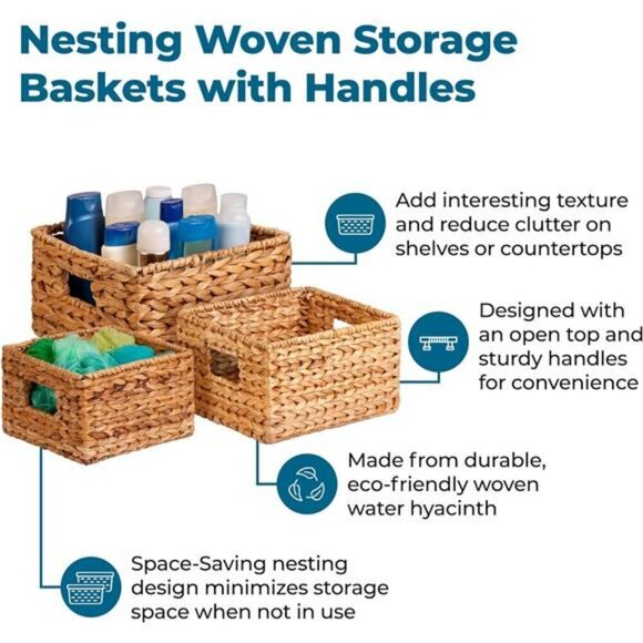 Wicker storage baskets set nesting woven bins home organizer shelf decor - Picture 4 of 7
